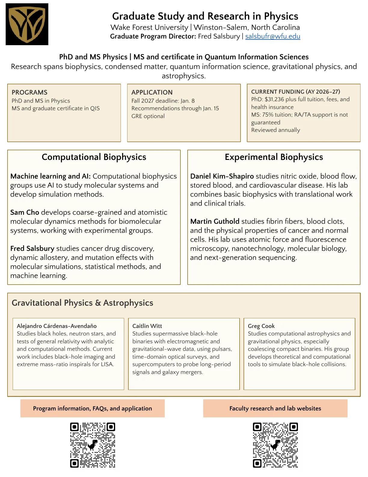 Wake Forest Physics Fall 2027 graduate study flyer listing Physics Ph.D. and M.S. programs, Quantum Information Sciences programs, the January 8 application deadline, current funding, and research in biophysics and astrophysics.
