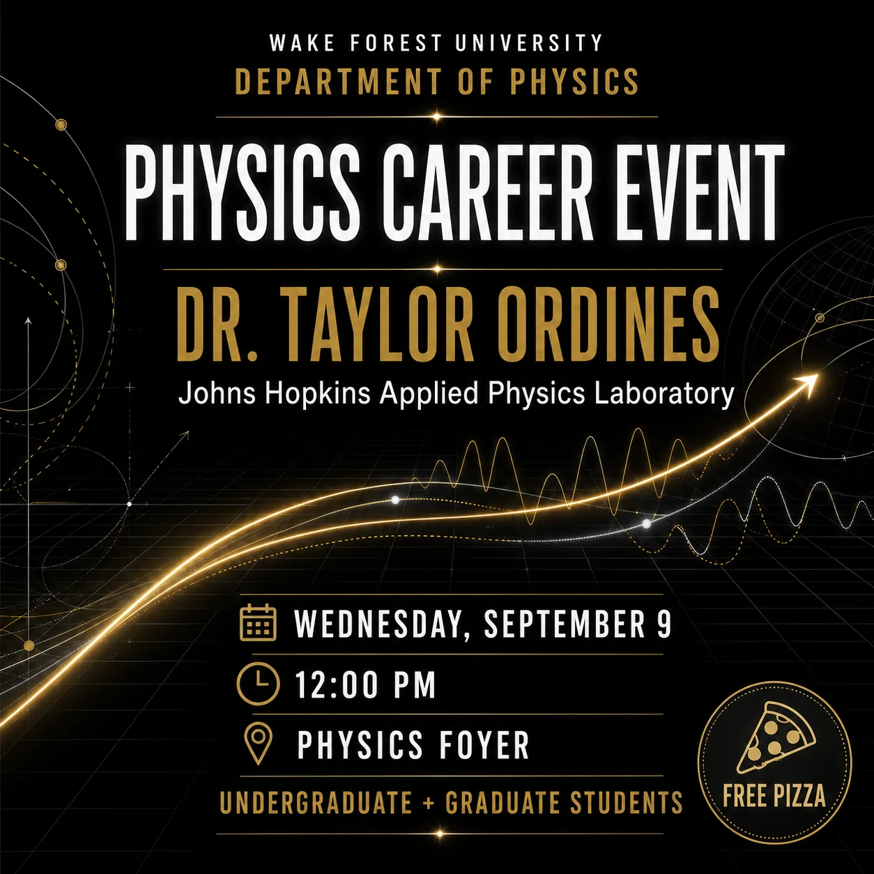 Wake Forest Physics career event graphic for Dr. Taylor Ordines of the Johns Hopkins Applied Physics Laboratory. Wednesday, September 9, 2026, at noon in the Physics foyer. Undergraduate and graduate students are welcome; free pizza will be provided.